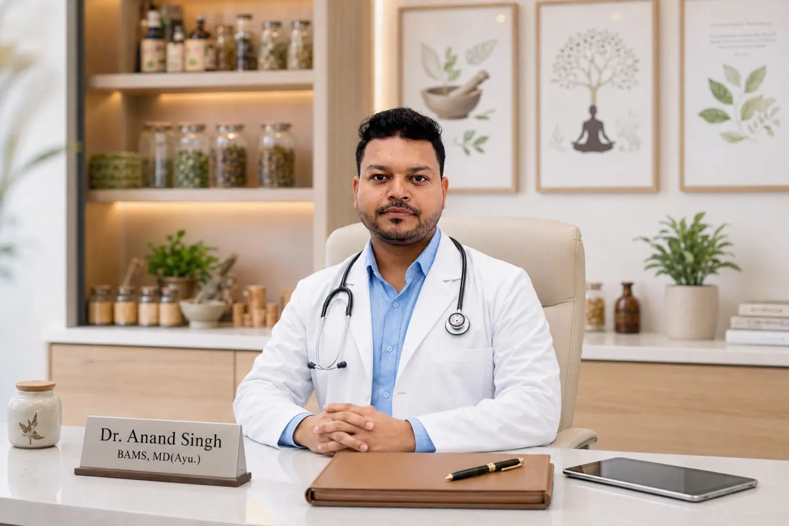 Dr. Anand Singh in an Ayurveda consultation with a patient at Cureवेदा, Andheri West